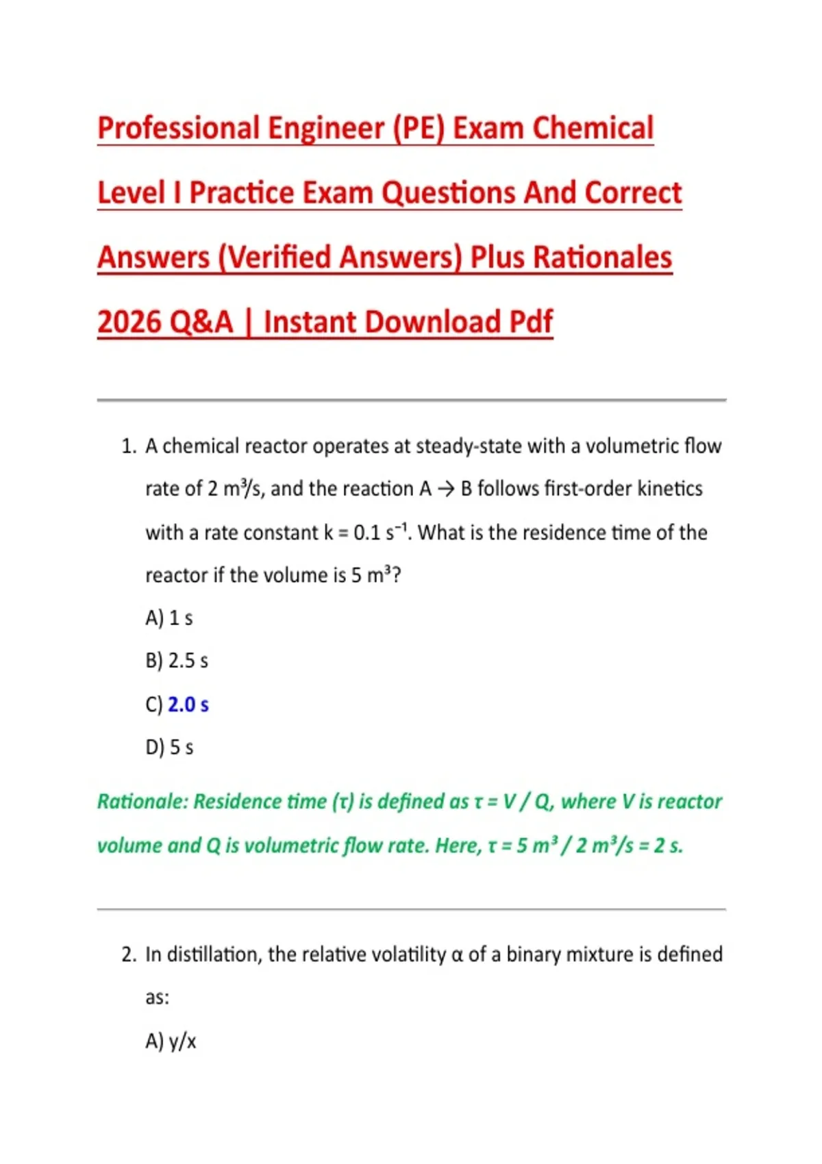 Professional Engineer (PE) Exam Chemical Level I Practice Exam Questions And Correct Answers ...