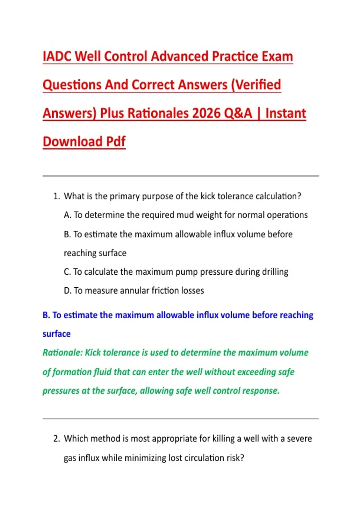 IADC Well Control Advanced Practice Exam Questions And Correct Answers (Verified Answers) Plus ...