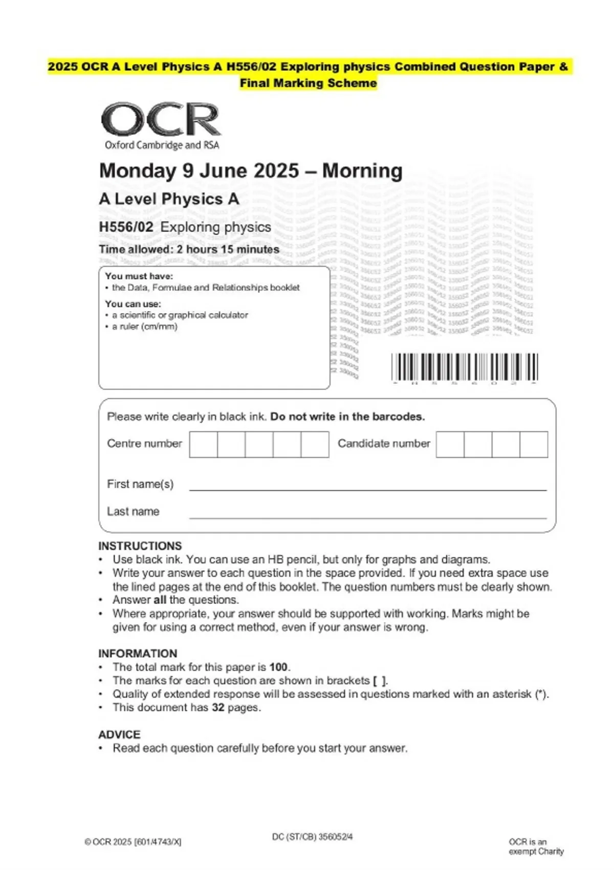 2025 OCR A Level Physics A H556/02 Exploring physics Combined Test ...