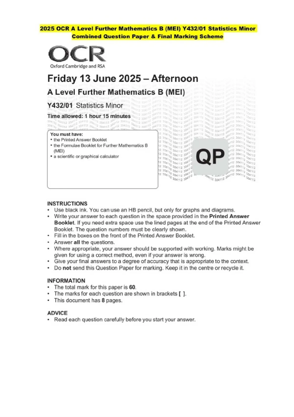 2025 OCR A Level Further Mathematics B (MEI) Y432/01 Statistics Minor ...