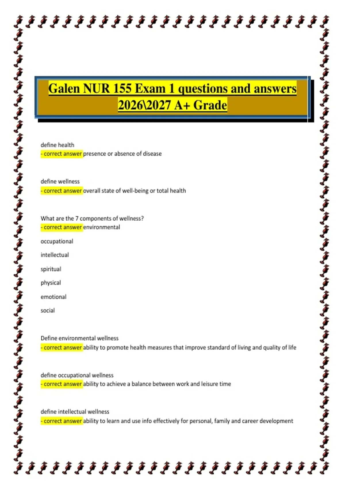 Nur 155 Rbe NUR 155 Exam 1 Fundamentals of Nursing, Galen College of Nursing, 2026/ ...
