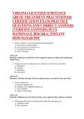 VIRGINIA LICENSED SUBSTANCE  ABUSE TREATMENT PRACTITIONER  CERTIFICATION EXAM PRACTICE  QUESTIONS AND CORRECT ANSWERS  &lpar;VERIFIED ANSWERS&rpar; PLUS  RATIONALE 2026 Q&A &vert; INSTANT DOWNLOAD PDF 