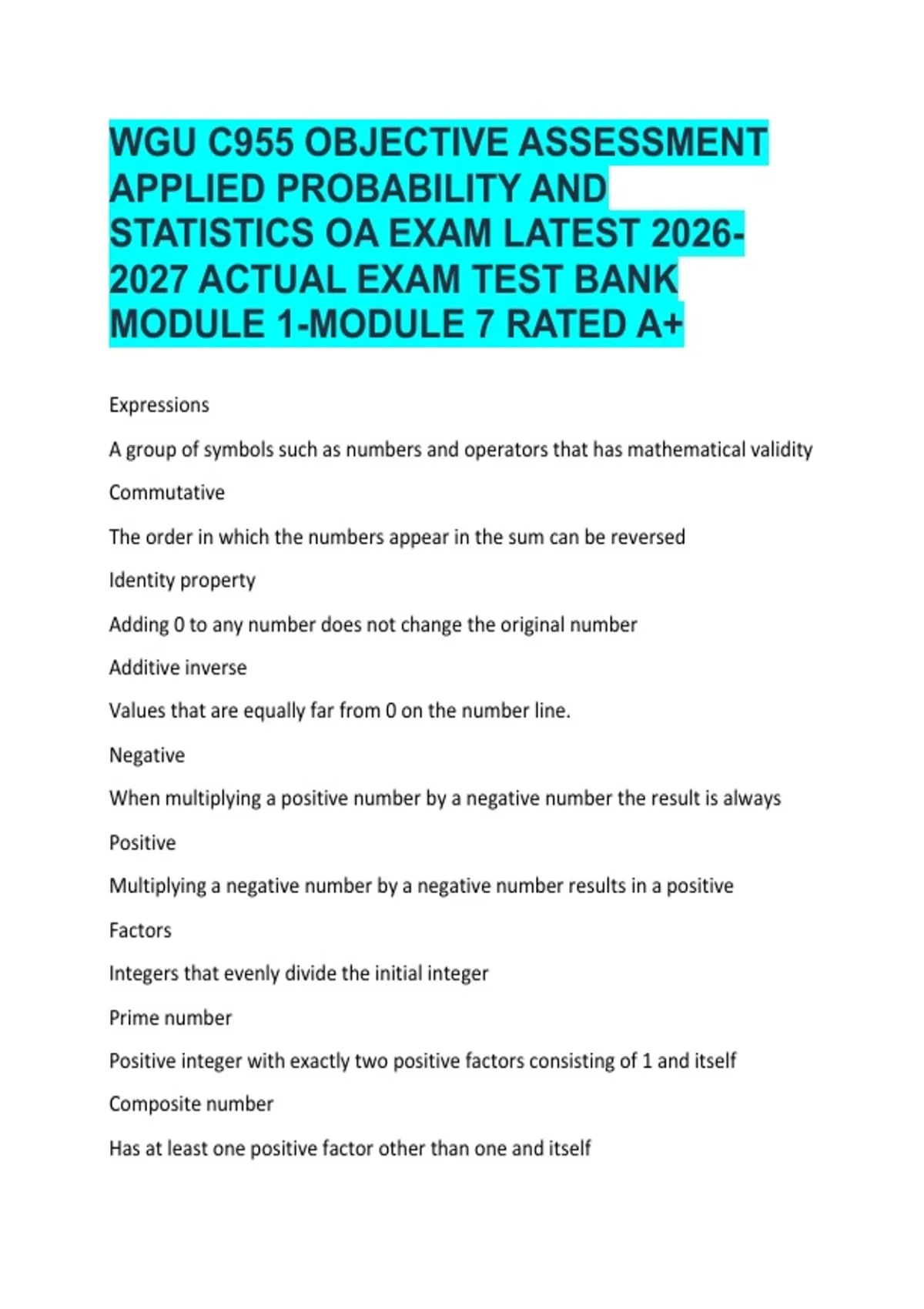 WGU C955 Applied Probability and Statistics OA Exam Test Bank 2026–2027 ...
