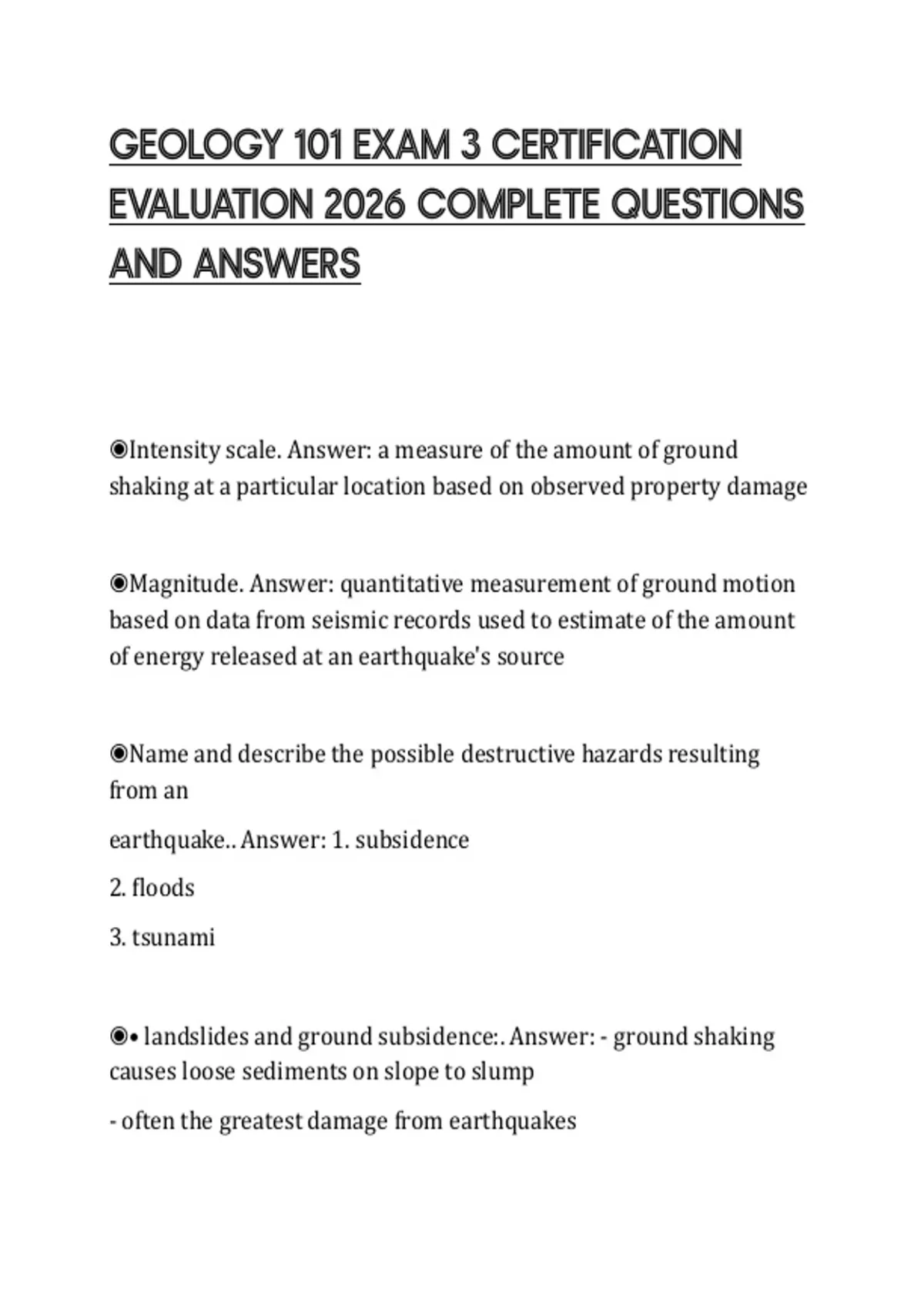 GEOLOGY 101 EXAM 3 EXAMINATION TEST 2026 COMPREHENSIVE Q&A STUDY GUIDE ...