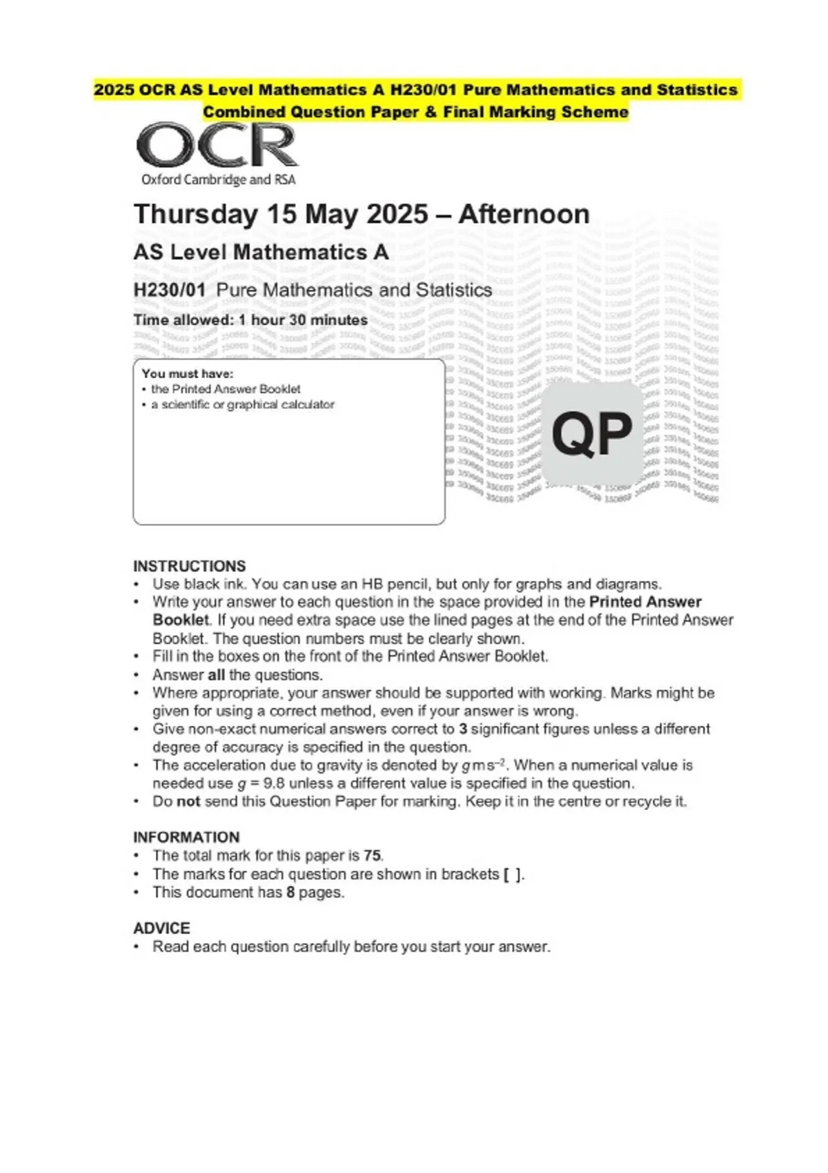 2025 OCR AS Level Mathematics A H230/01 Pure Mathematics and Statistics ...