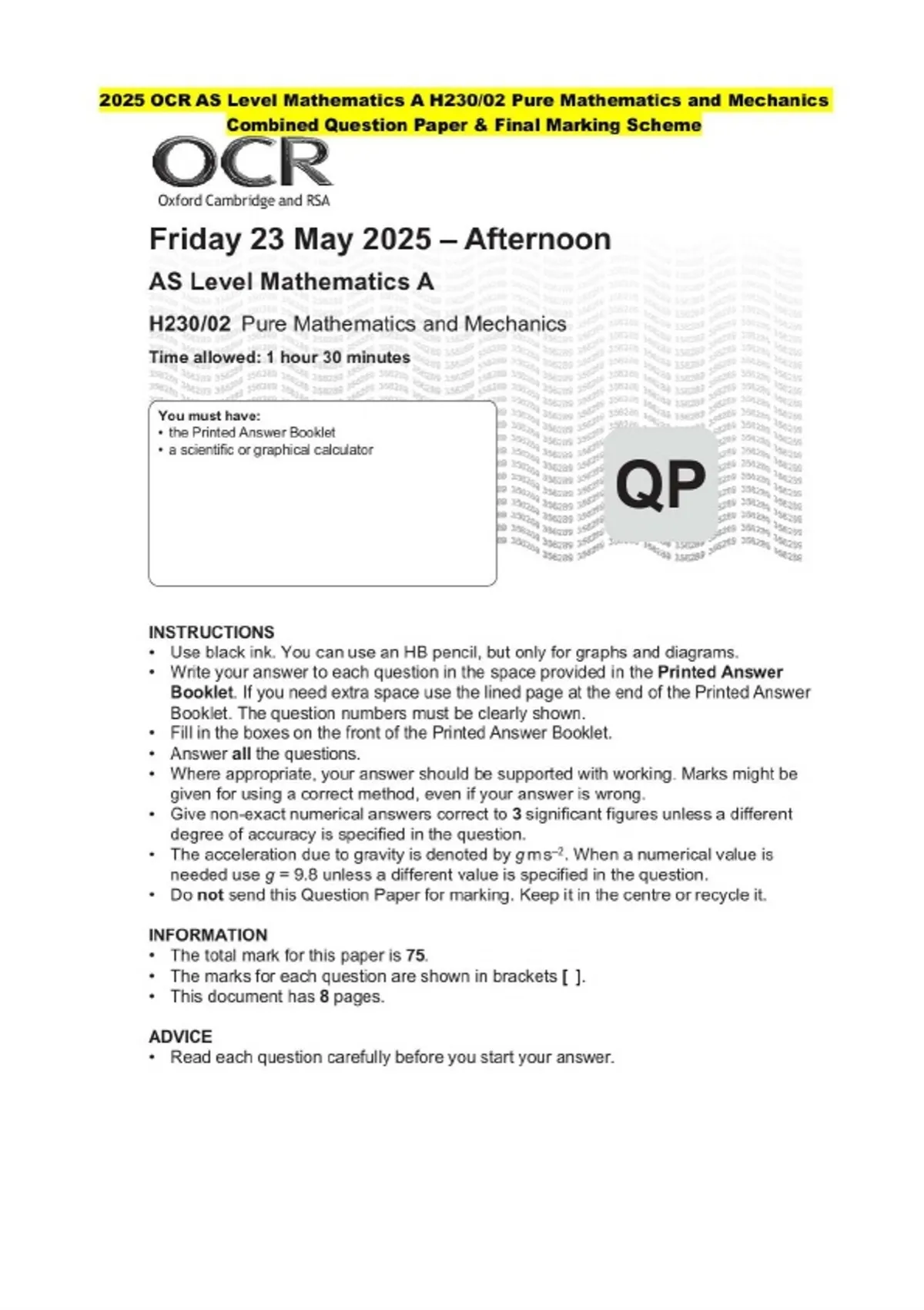 2025 OCR AS Level Mathematics A H230/02 Pure Mathematics and Mechanics ...