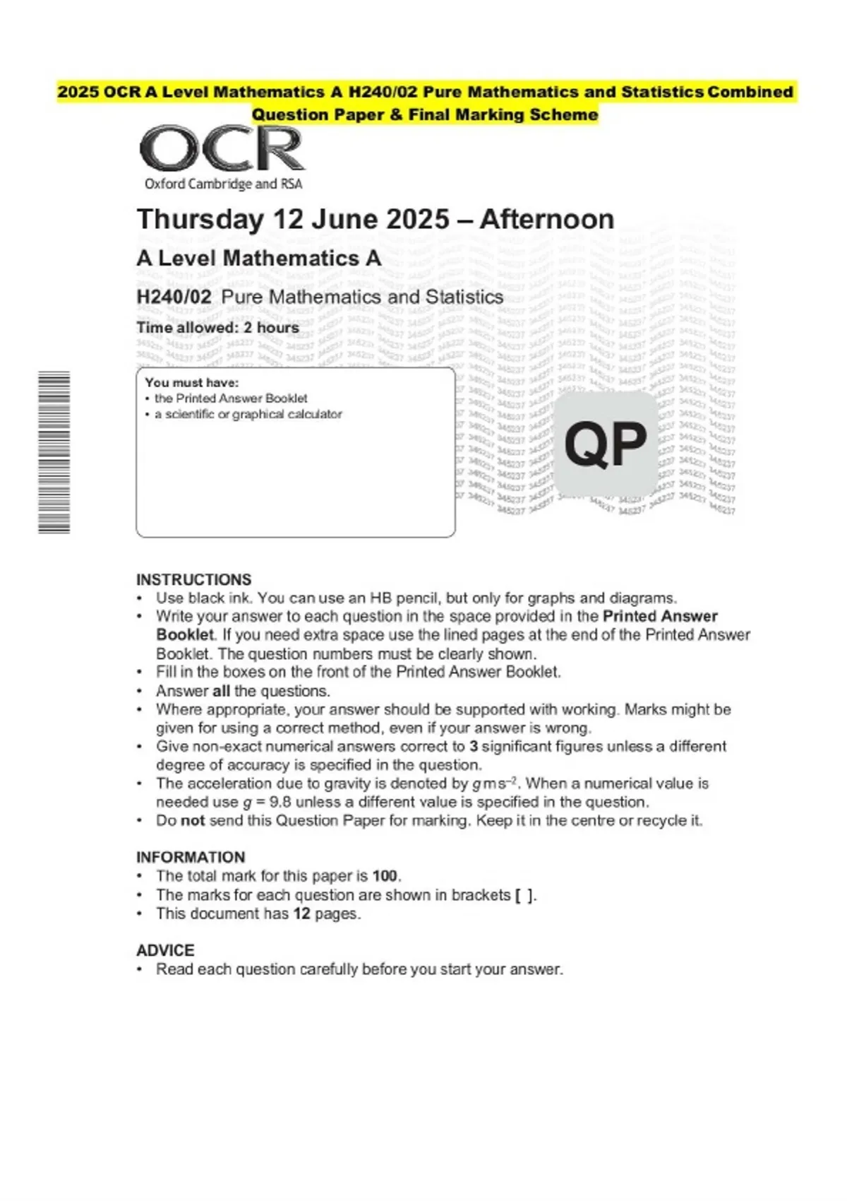 2025 OCR A Level Mathematics A H240/02 Pure Mathematics and Statistics ...