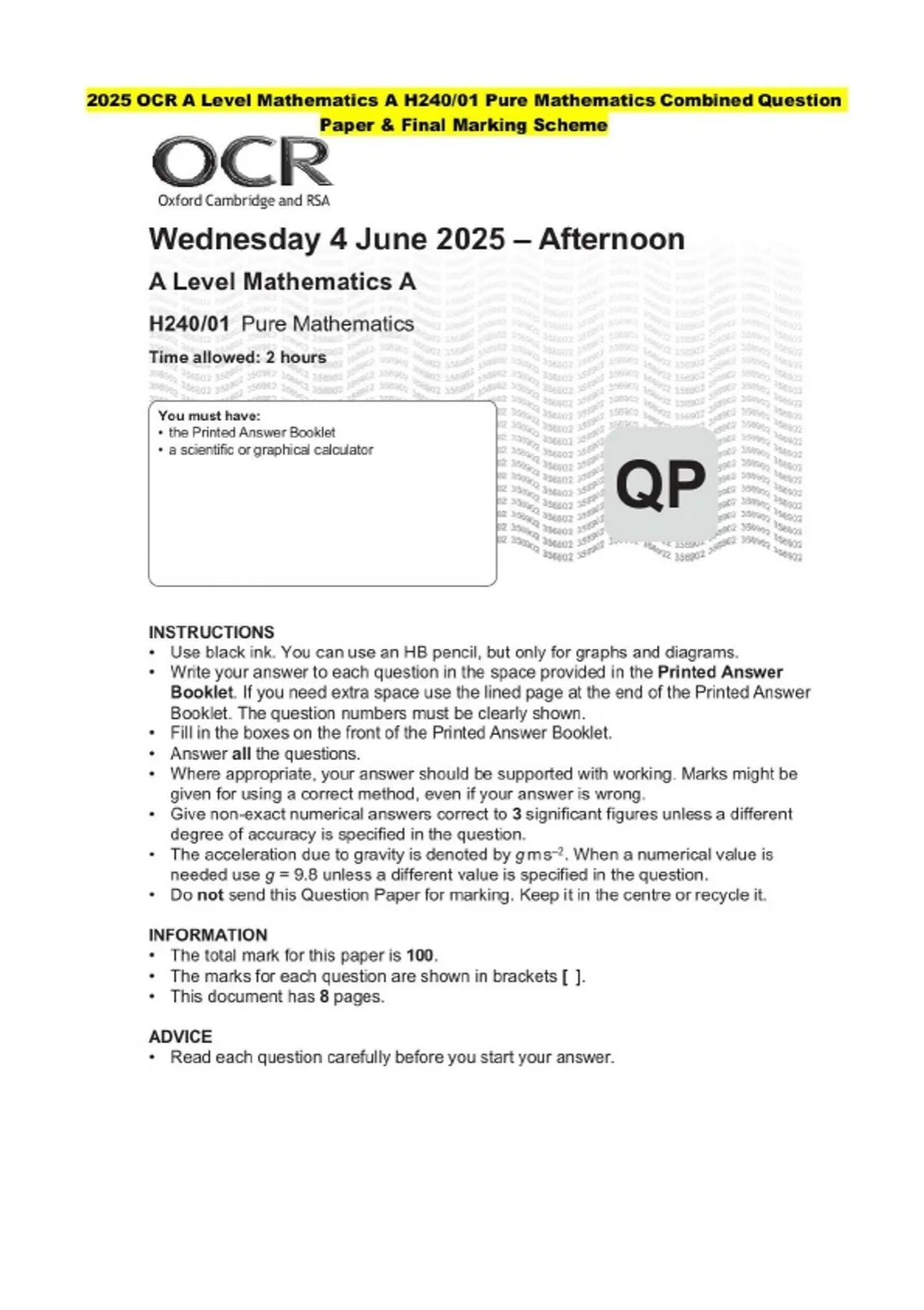 2025 OCR A Level Mathematics A H240/01 Pure Mathematics Combined ...