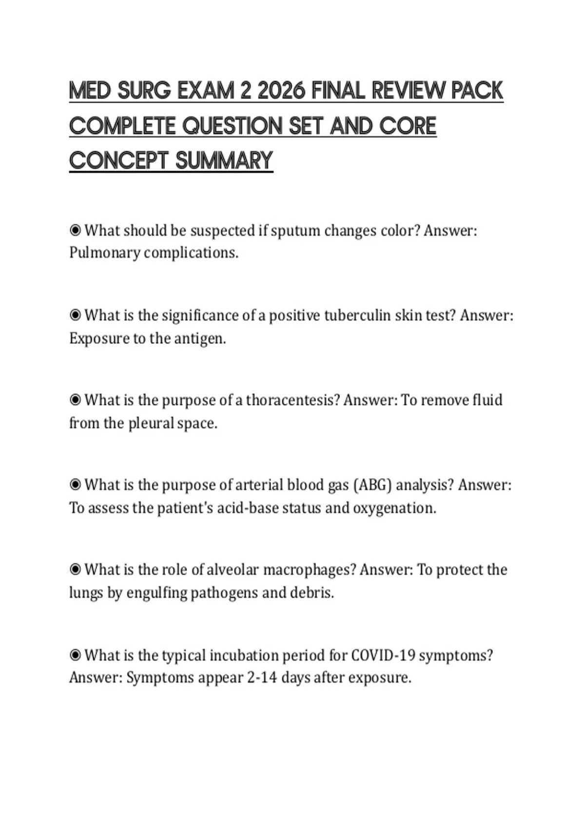 MED SURG EXAM 2 2026 FINAL REVIEW PACK COMPLETE QUESTION SET AND CORE ...