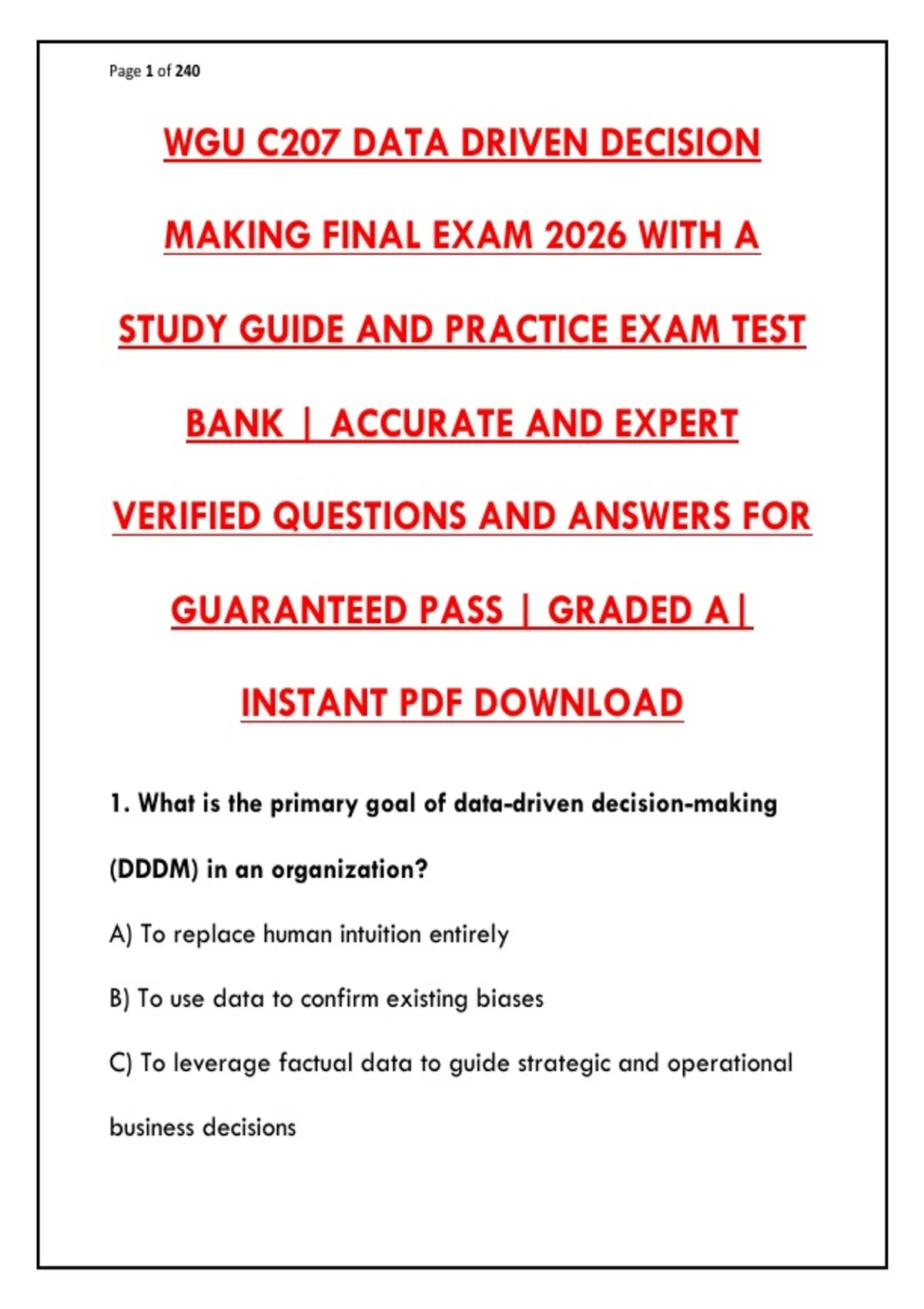 WGU C207 Data Driven Decision Making Final Exam 2026 – 200 Practice ...