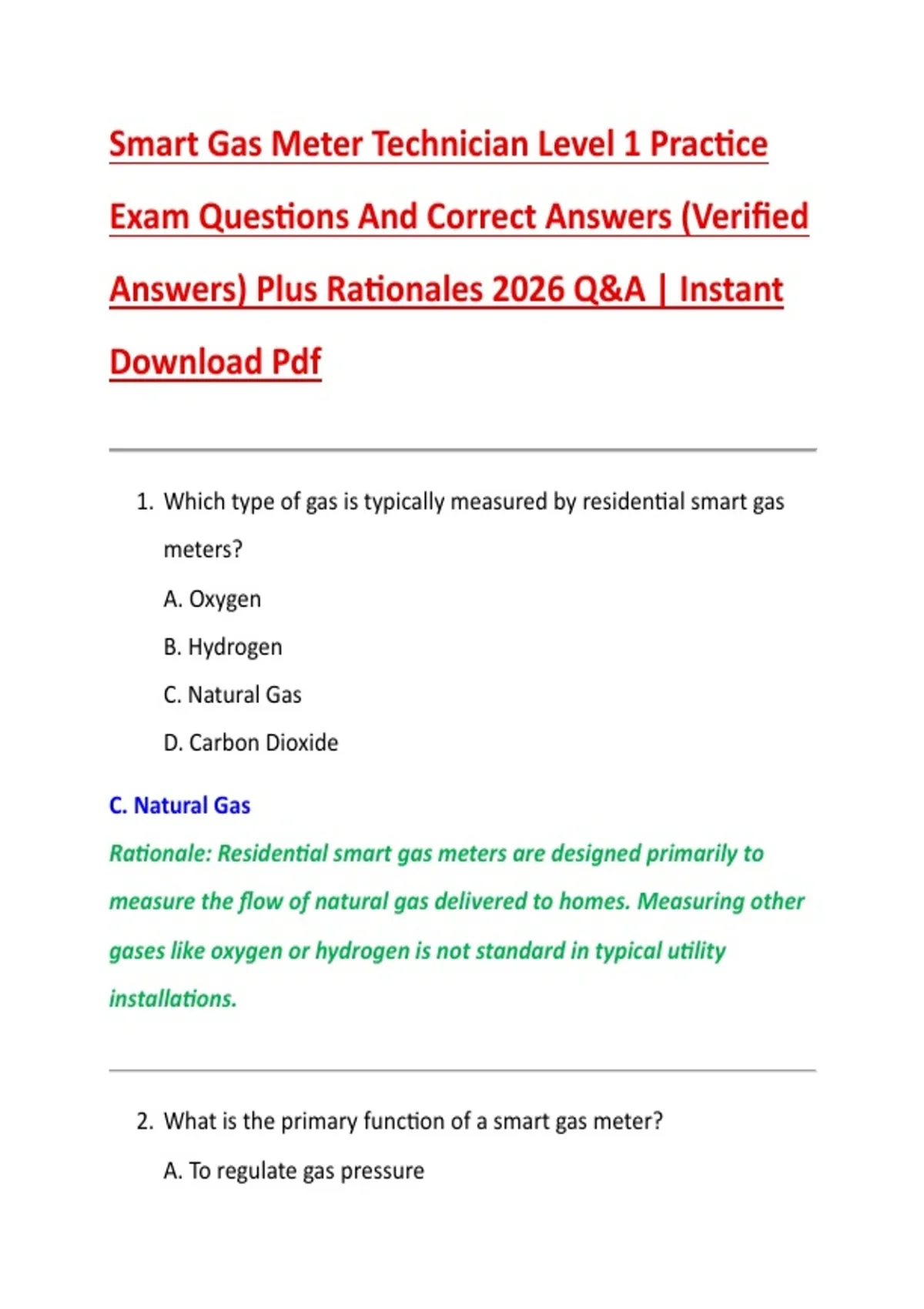 Smart Gas Meter Technician Level 1 Practice Exam Questions And Correct ...