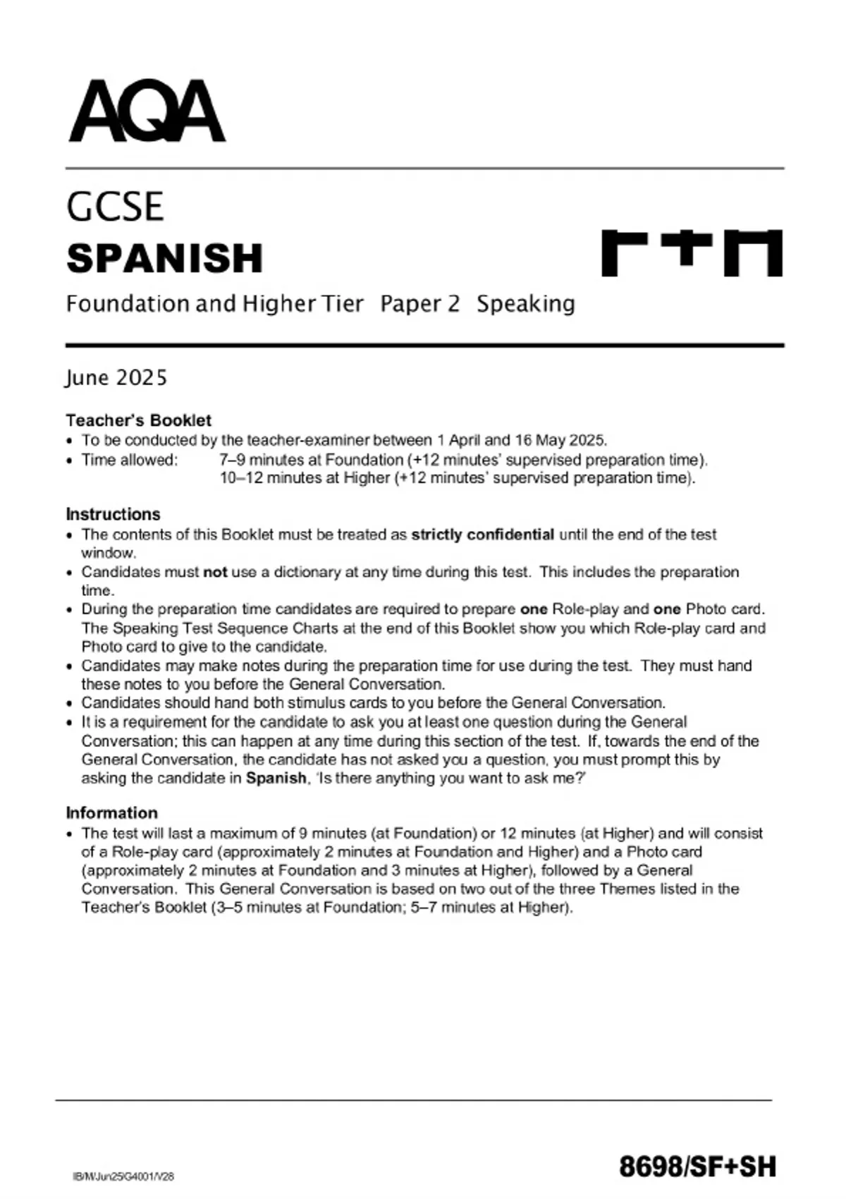 2025 AQA GCSE SPANISH Foundation and Higher Tier Paper 2 Speaking ...
