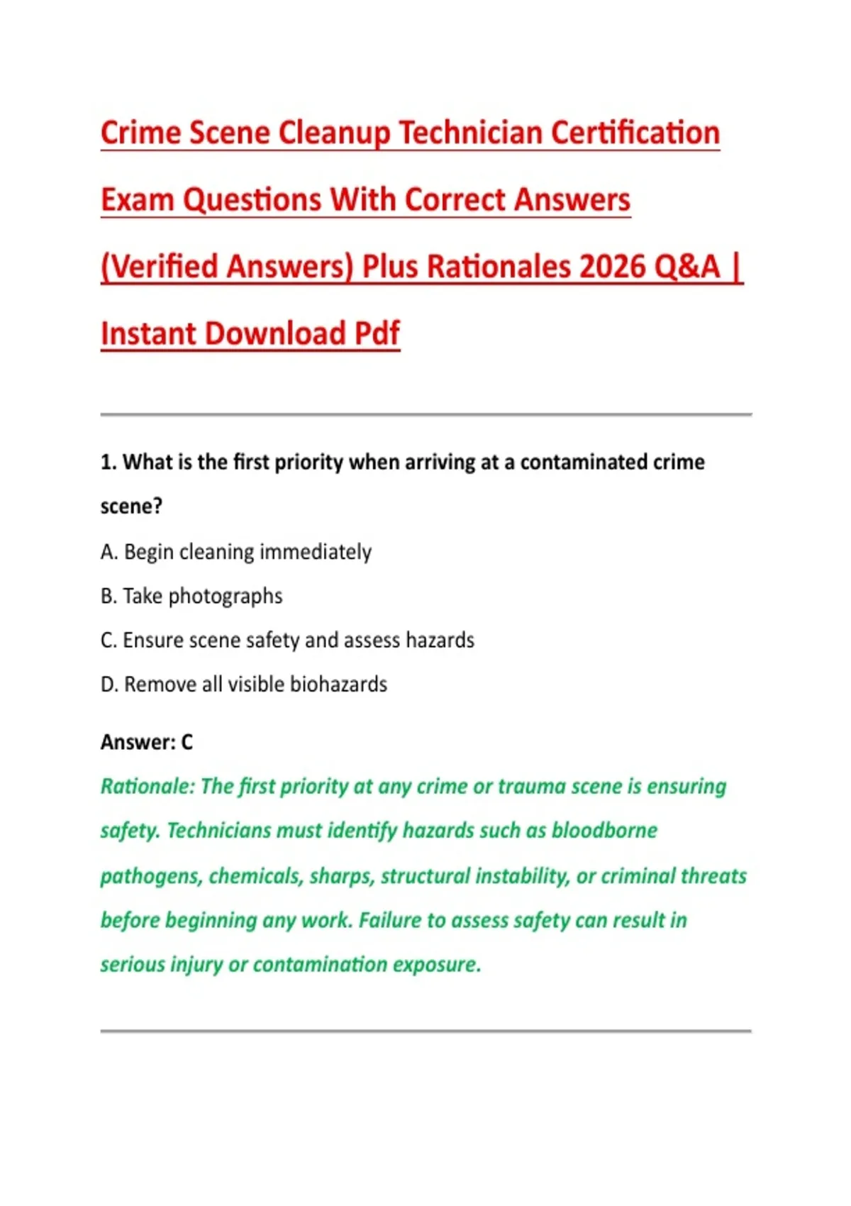 Crime Scene Cleanup Technician Certification Exam Questions With ...