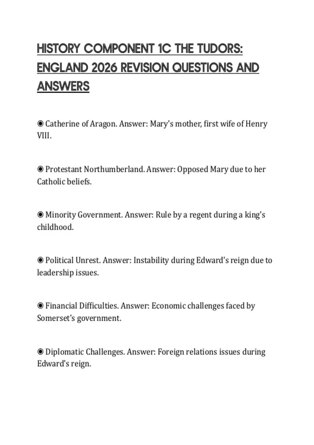 HISTORY COMPONENT 1C THE TUDORS: ENGLAND 2026 REVISION QUESTIONS AND ...