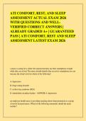 ATI COMFORT&comma; REST&comma; AND SLEEP  ASSESSMENT ACTUAL EXAM 2026  WITH QUESTIONS AND WELL VERIFIED CORRECT ANSWERS &vert;  ALREADY GRADED A&plus; &vert; GUARANTEED  PASS &vert; ATI COMFORT&comma; REST AND SLEEP  ASSESSMENT LATEST EXAM 2026 
