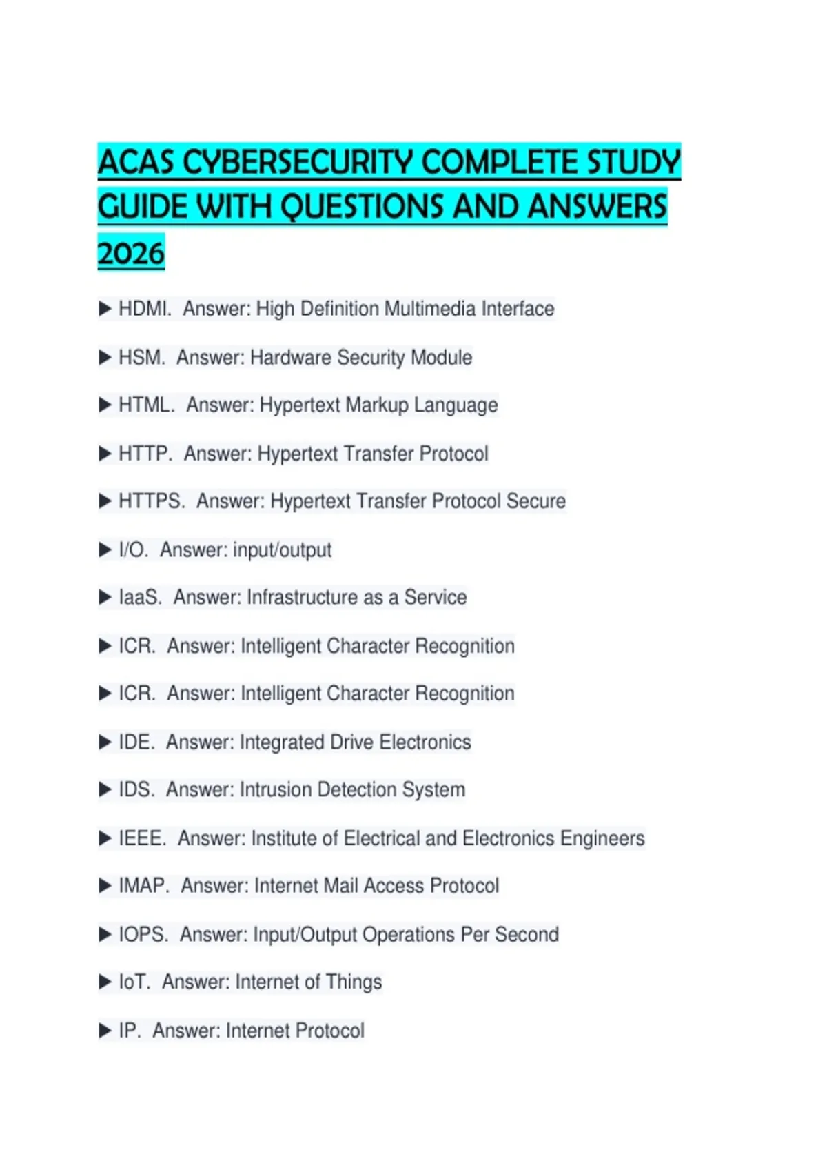 ACAS CYBERSECURITY COMPLETE STUDY GUIDE WITH QUESTIONS AND ANSWERS 2026 ...