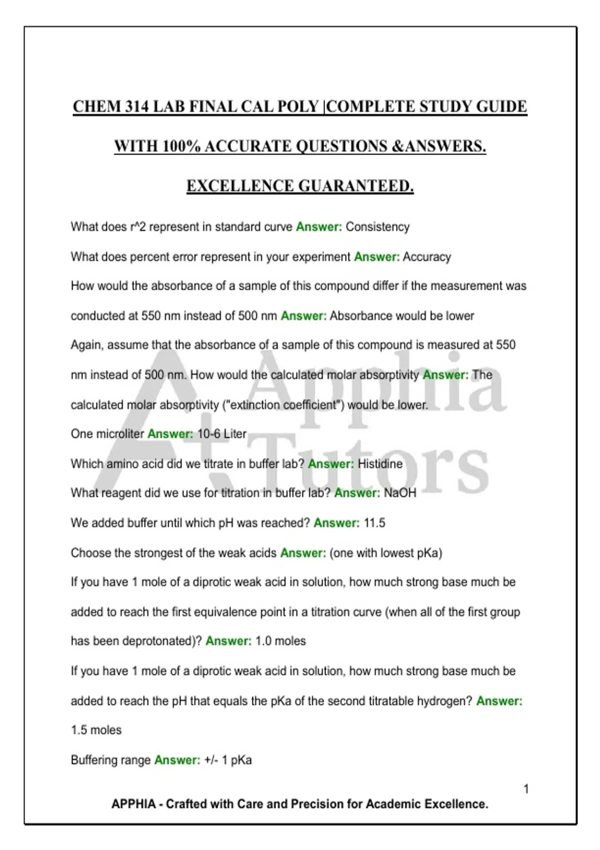 CHEM 314 LAB FINAL CAL POLY |COMPLETE STUDY GUIDE WITH 100% ACCURATE ...