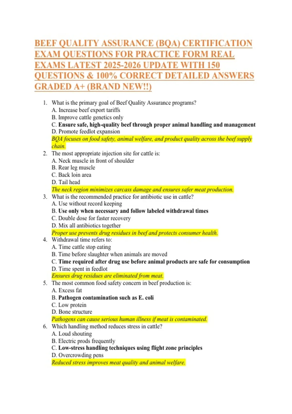 Key Bqa Practices BEEF QUALITY ASSURANCE (BQA) CERTIFICATION EXAM QUESTIONS FOR PRACTICE ...