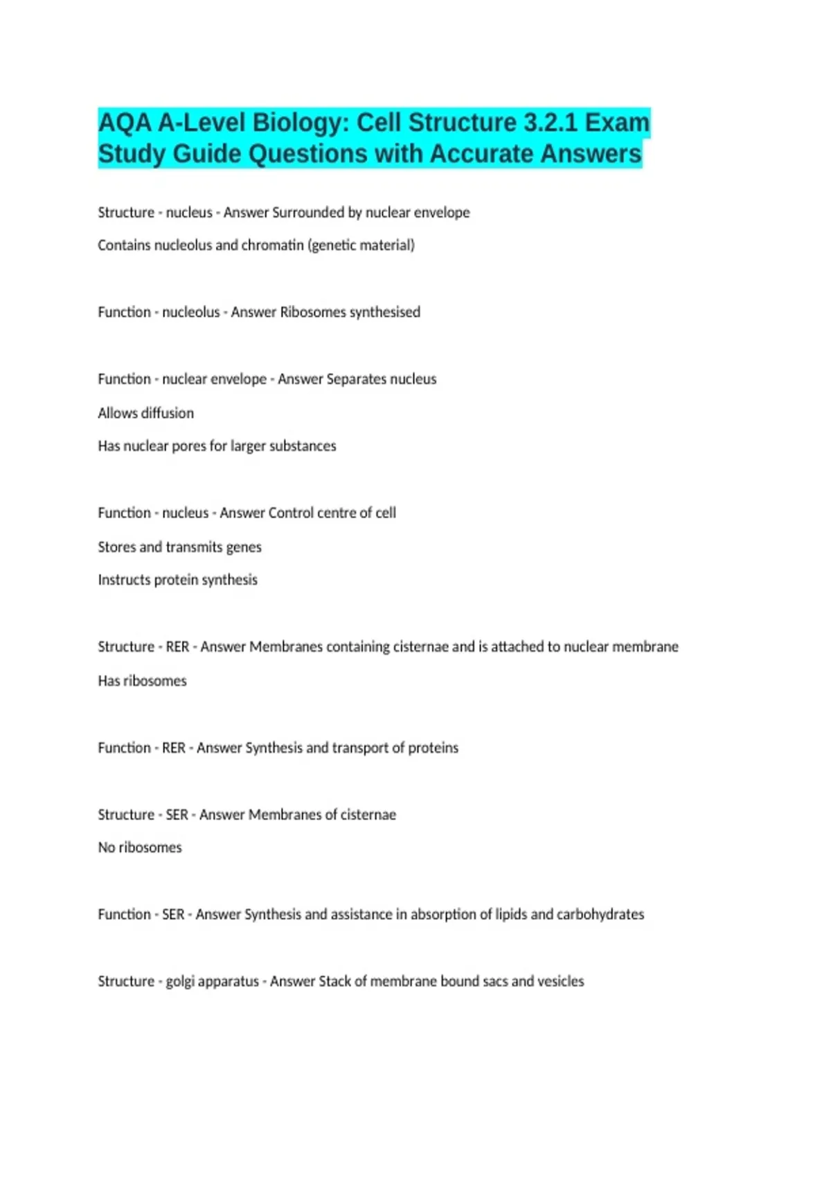 AQA A-Level Biology: Cell Structure 3.2.1 Exam Study Guide Questions ...