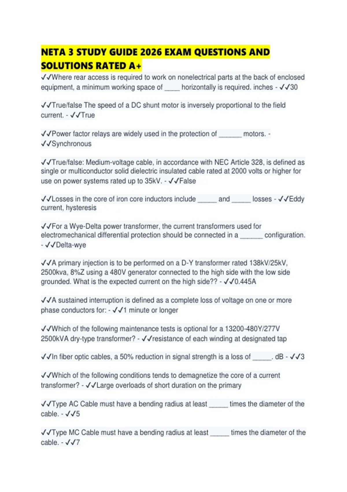 Neta Study Guide NETA 3 STUDY GUIDE 2026 EXAM QUESTIONS AND SOLUTIONS RATED - NETA 3 ...