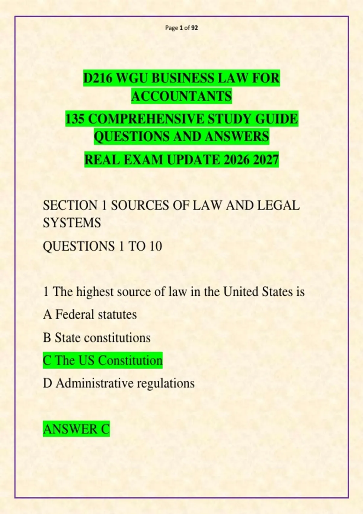 D216 WGU Business Law for Accountants : Complete Study Guide – 135 Exam ...