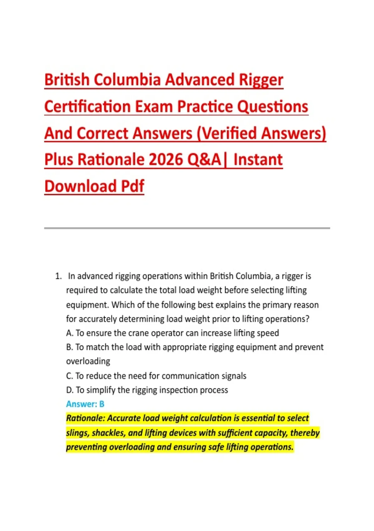 Advanced Rigger Practice Test British Columbia Advanced Rigger Certification Exam Practice Questions ...