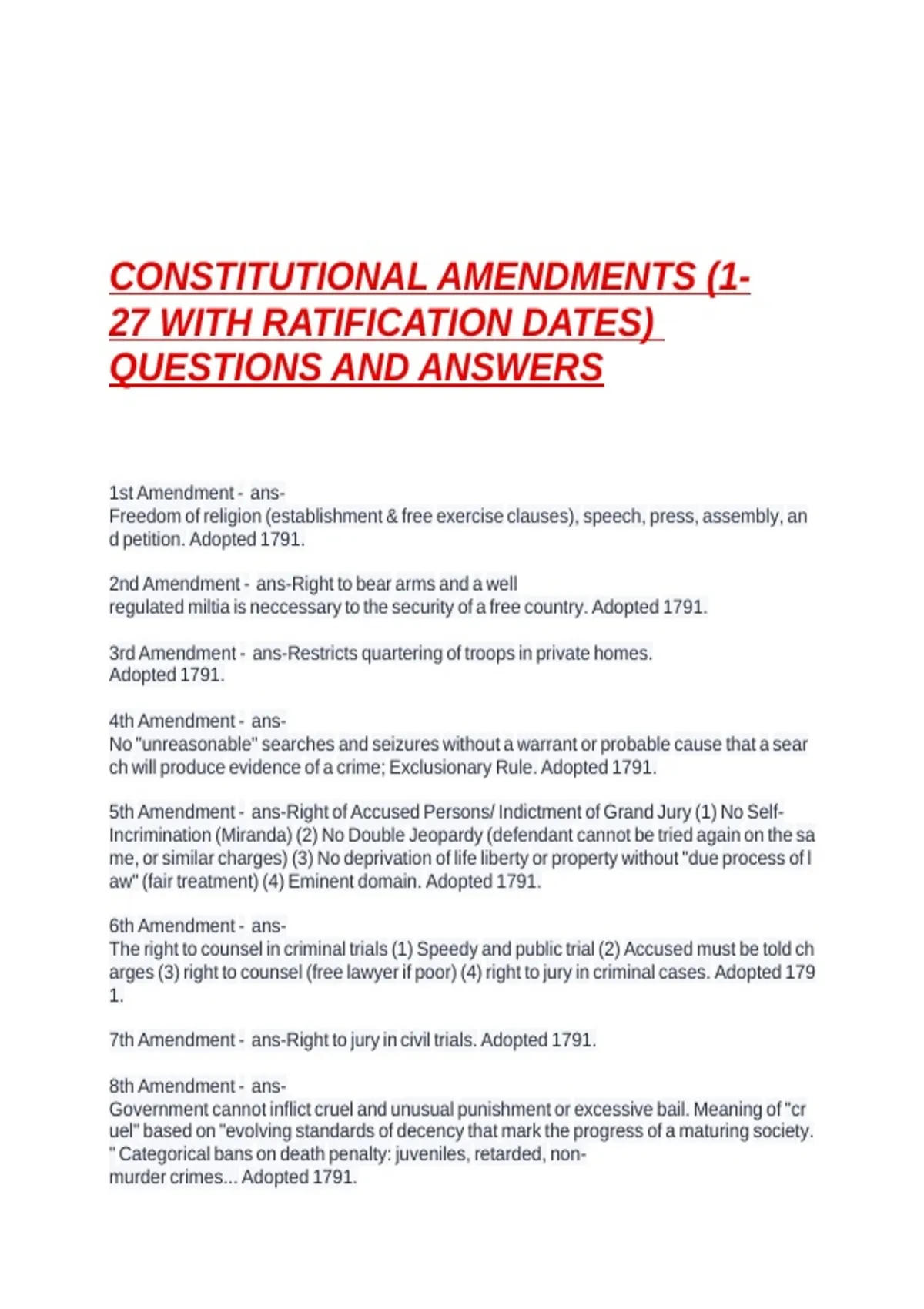 Constitutional Amendments 1-27 Verified A+ QUESTIONS AND ANSWERS ...