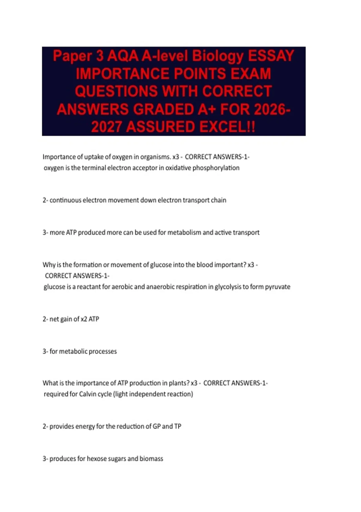 Paper 3 AQA A-level Biology ESSAY IMPORTANCE POINTS EXAM QUESTIONS WITH ...