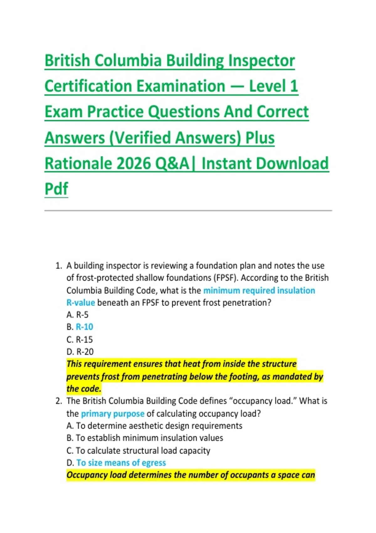 Level 1 Inspector Practical Examples British Columbia Building Inspector Certification Examination — Level 1 ...