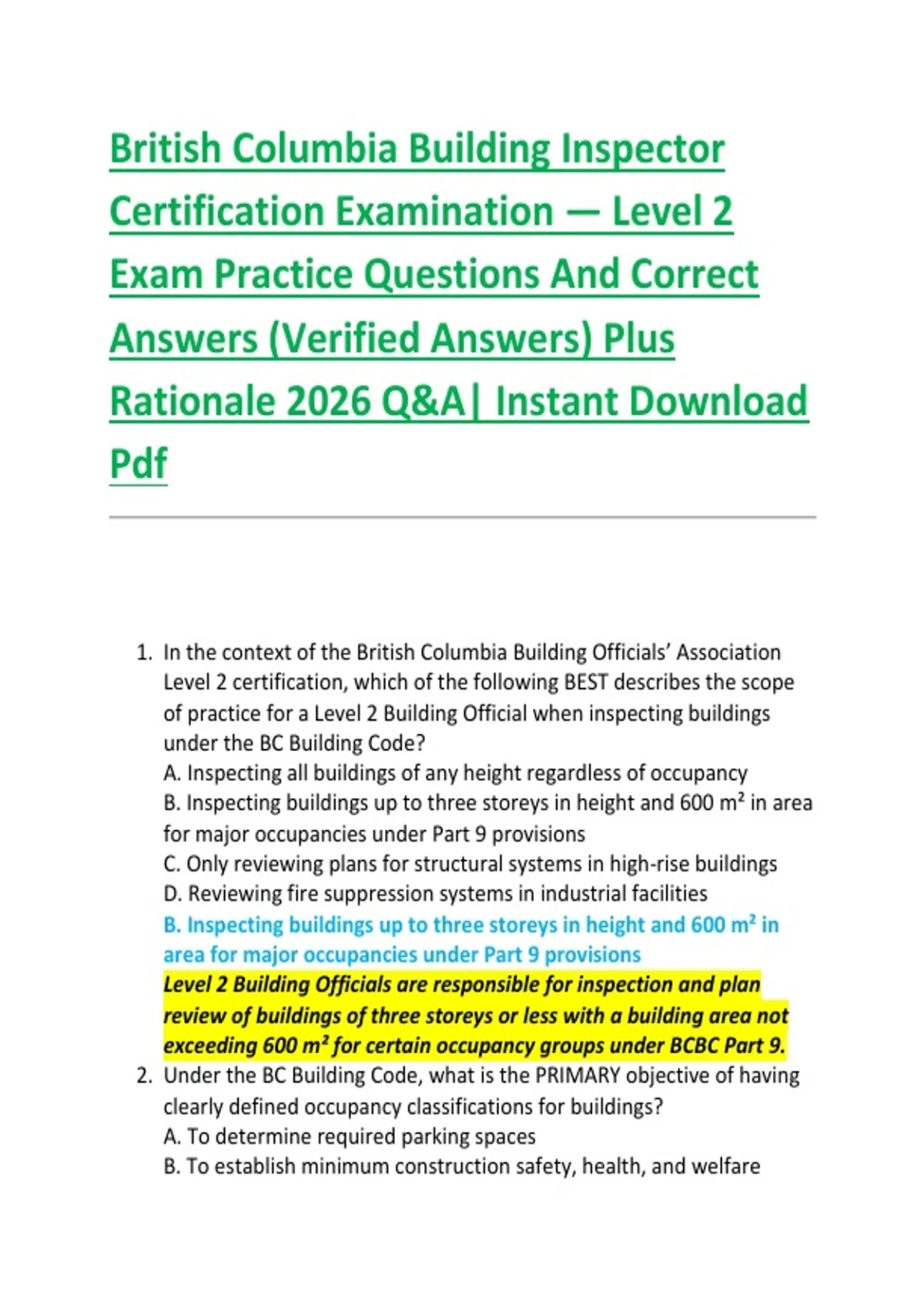 British Columbia Building Inspector Certification Examination — Level 2 ...