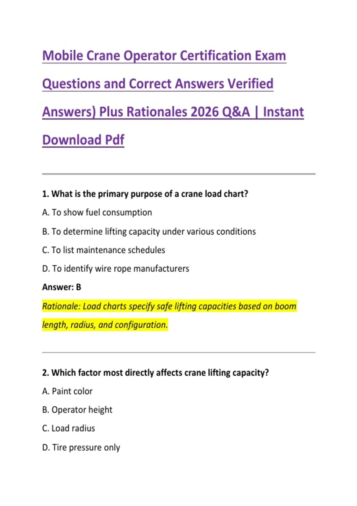 Mobile Crane Operator Certification Exam Questions and Correct Answers ...