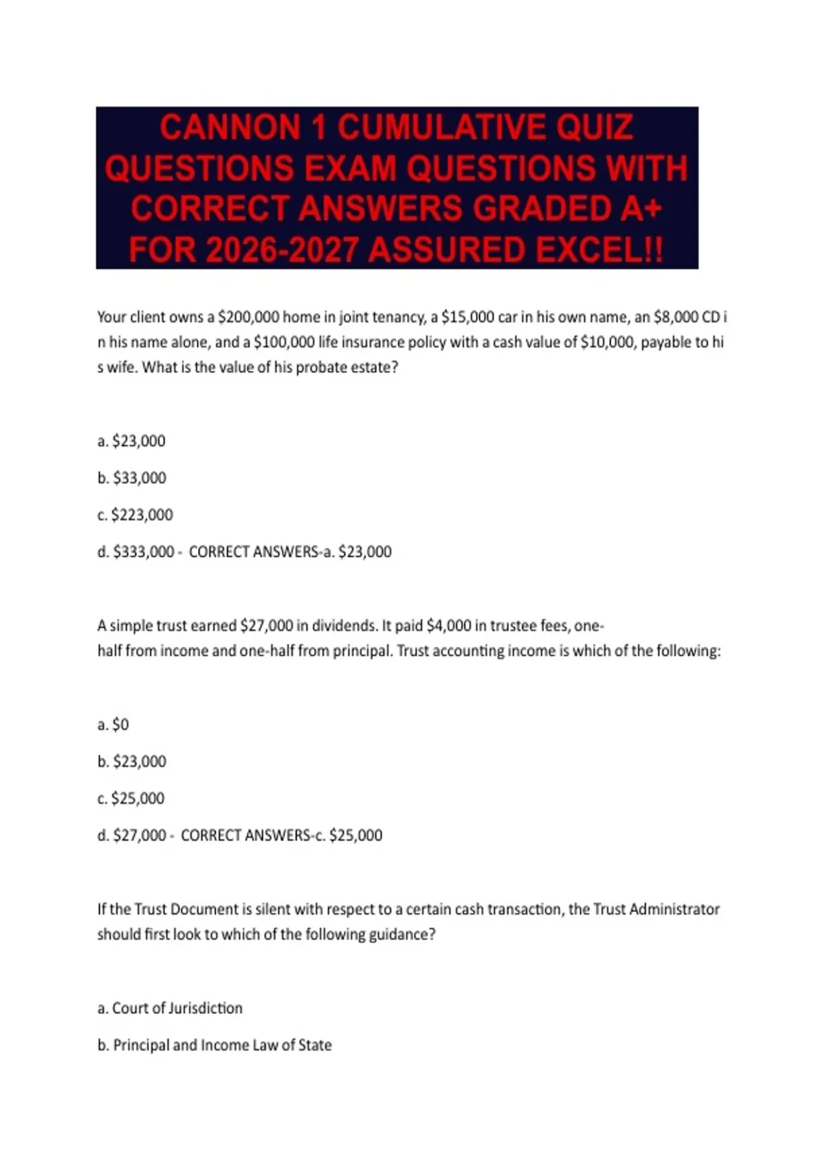 CANNON 1 CUMULATIVE QUIZ QUESTIONS EXAM QUESTIONS WITH CORRECT ANSWERS ...