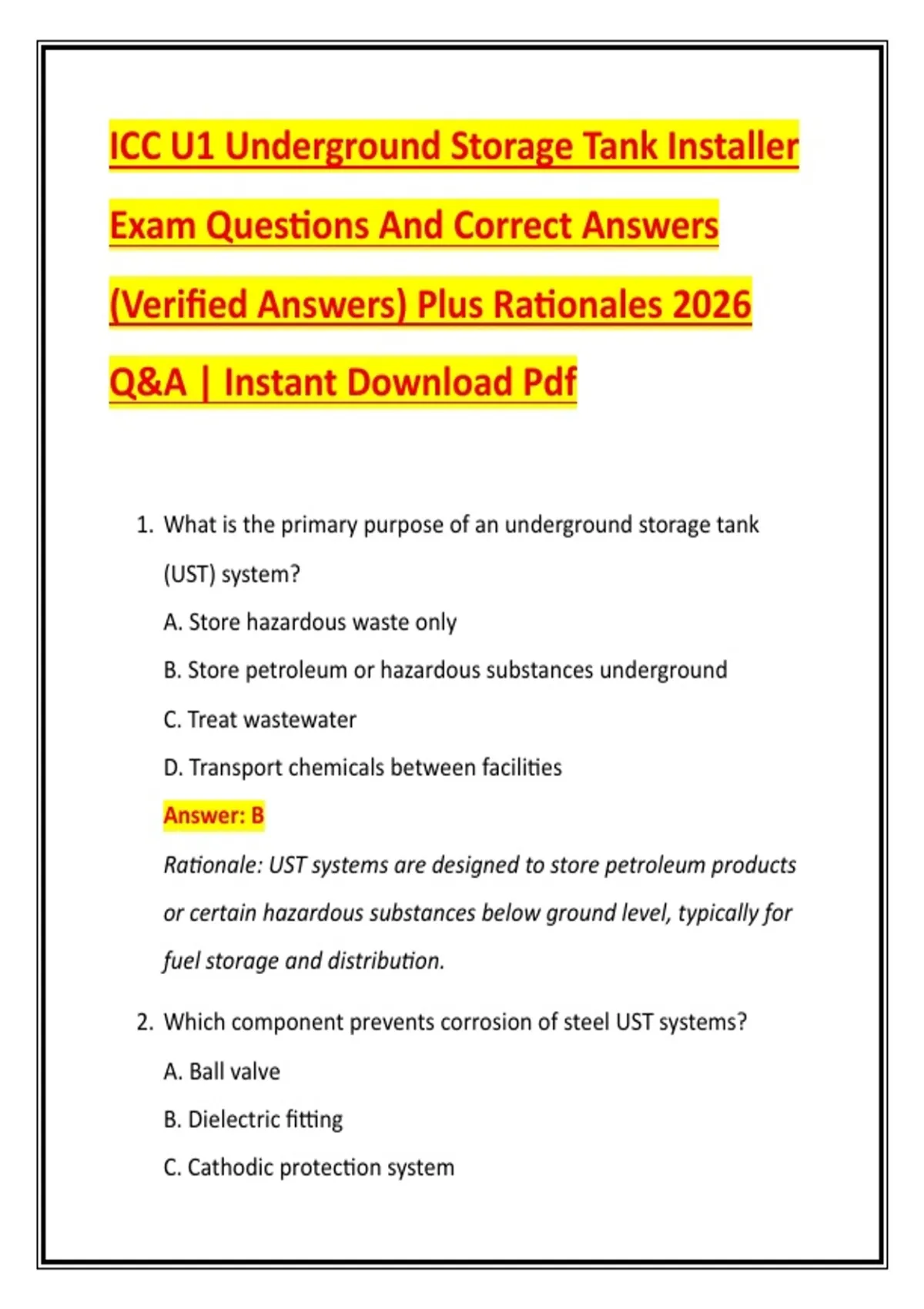 ICC U1 Underground Storage Tank Installer Exam Questions And Correct ...