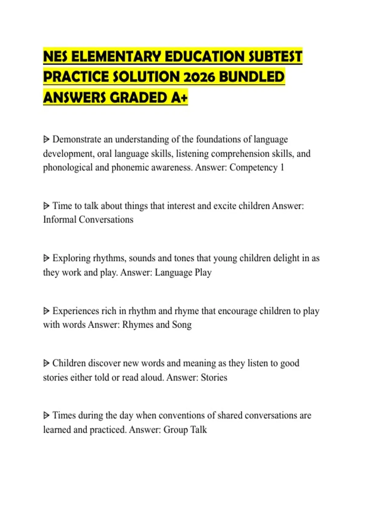NES ELEMENTARY EDUCATION SUBTEST PRACTICE SOLUTION 2026 BUNDLED ANSWERS ...
