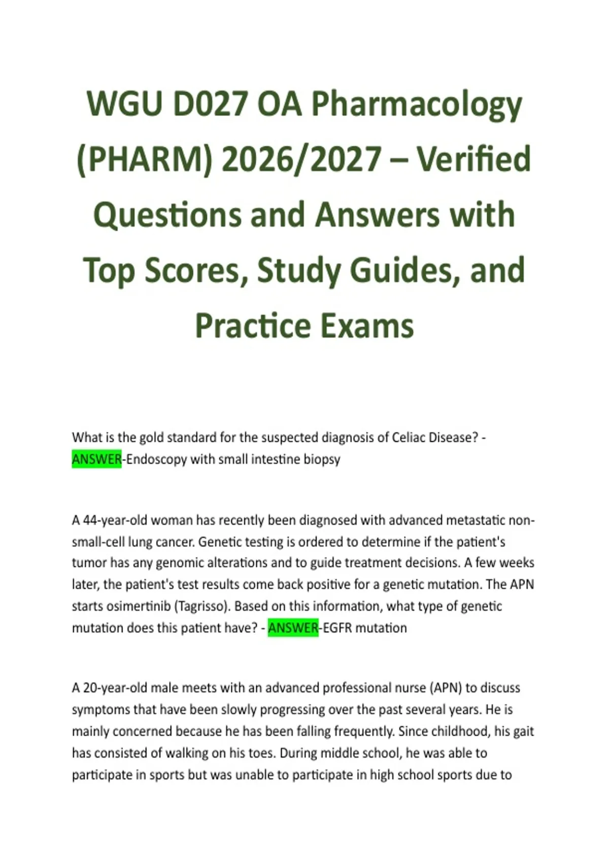 WGU D027 OA Pharmacology (PHARM) 2026/2027 – Verified Questions and ...