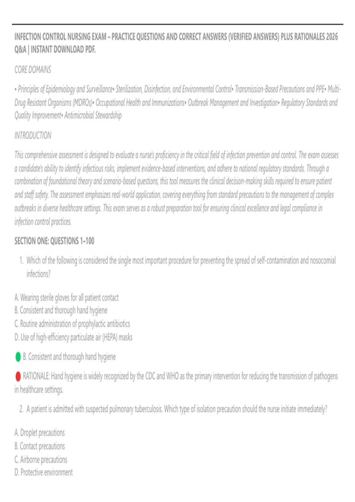 INFECTION CONTROL NURSING EXAM – PRACTICE QUESTIONS AND CORRECT ANSWERS ...