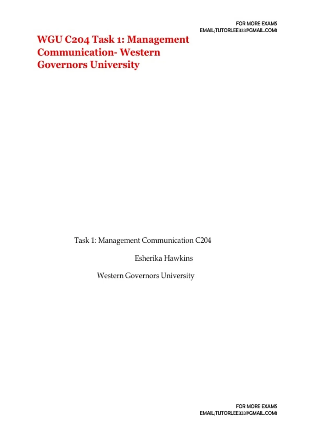 WGU C204 Task 1: Management Communication- Western Governors University ...