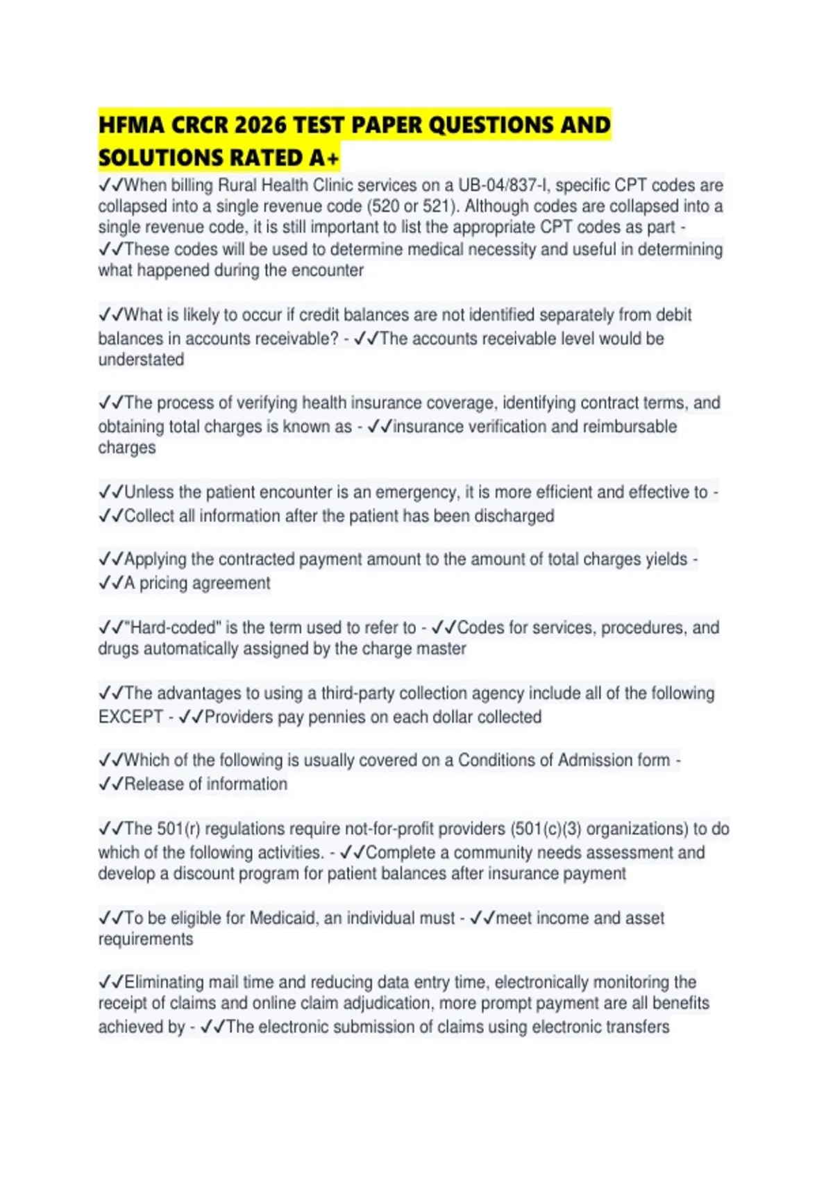 HFMA CRCR 2026 TEST PAPER QUESTIONS AND SOLUTIONS RATED - HFMA CRCR ...