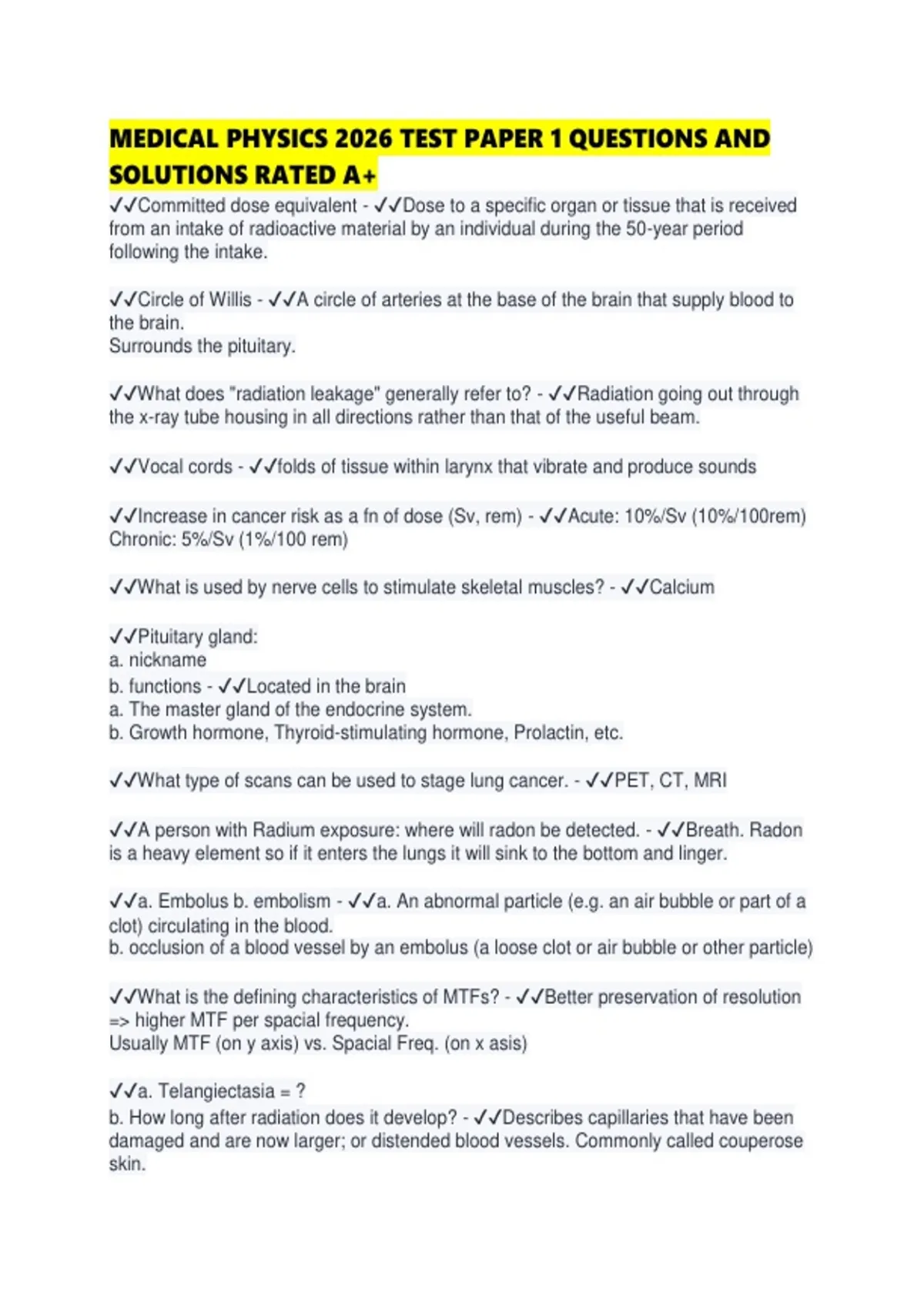 MEDICAL PHYSICS 2026 TEST PAPER 1 QUESTIONS AND SOLUTIONS RATED ...