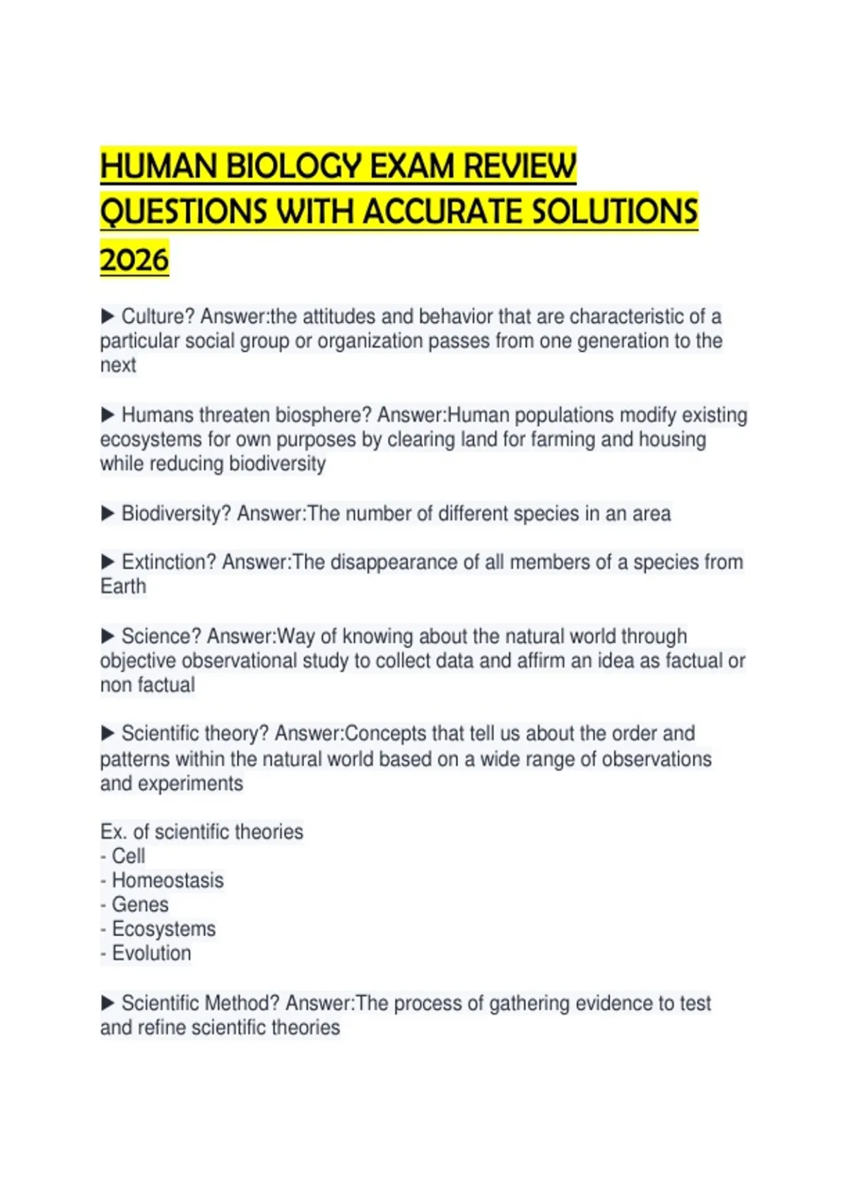 HUMAN BIOLOGY EXAM REVIEW QUESTIONS WITH ACCURATE SOLUTIONS 2026.pdf ...