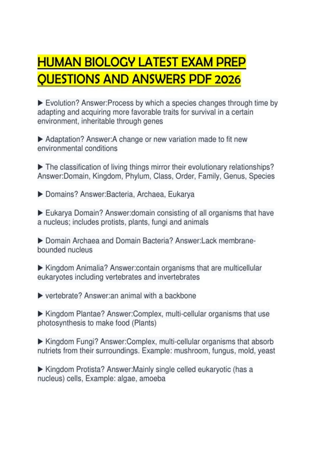 HUMAN BIOLOGY LATEST EXAM PREP QUESTIONS AND ANSWERS PDF 2026.pdf ...