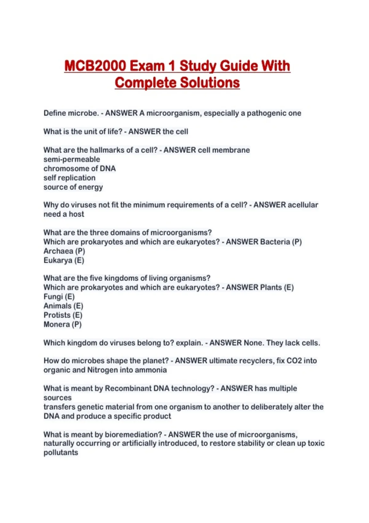 MCB2000 Exam 1 Study Guide With Complete Solutions - MCB2000 - Stuvia US