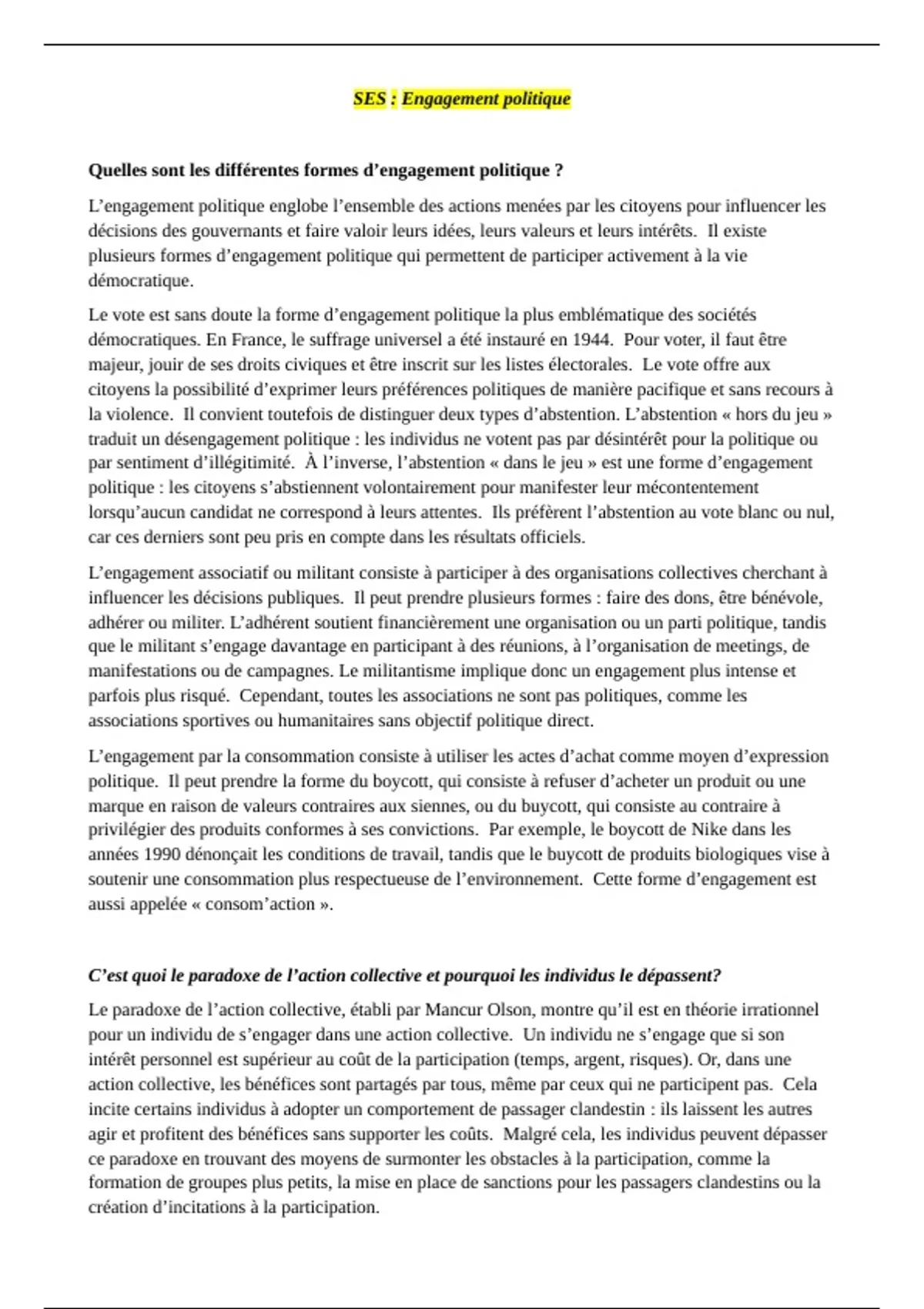 Résumé SES - Engagement politique (fiche complète BAC) - formes ...