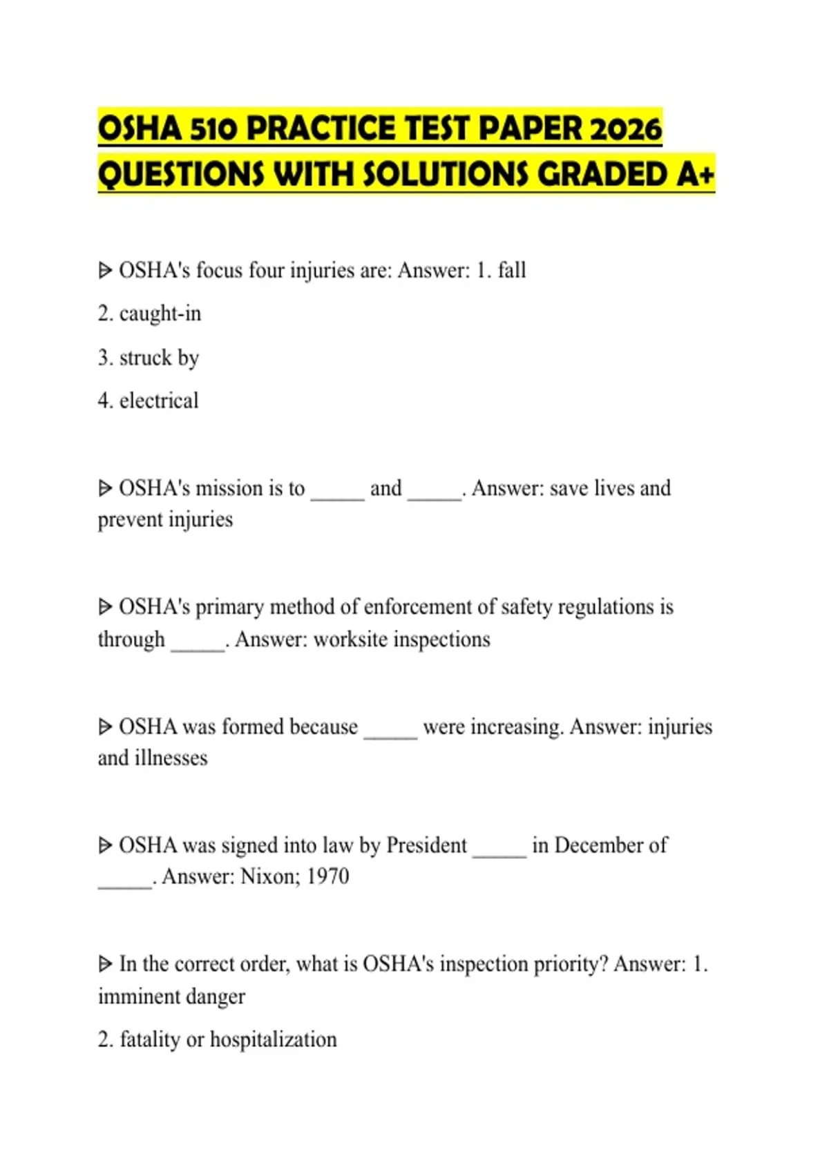 OSHA 510 PRACTICE TEST PAPER 2026 QUESTIONS WITH SOLUTIONS GRADED A+ ...