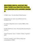 REGISTERED DENTAL ASSISTANT RDA FINAL PAPER 2026 PRACTICE SOLUTION FULL QUESTIONS WITH ANSWERS GRADED A&plus;