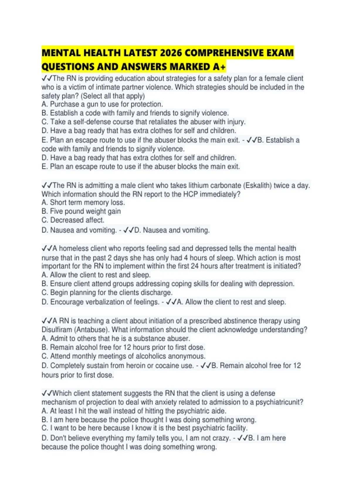 MENTAL HEALTH LATEST 2026 COMPREHENSIVE EXAM QUESTIONS AND ANSWERS ...