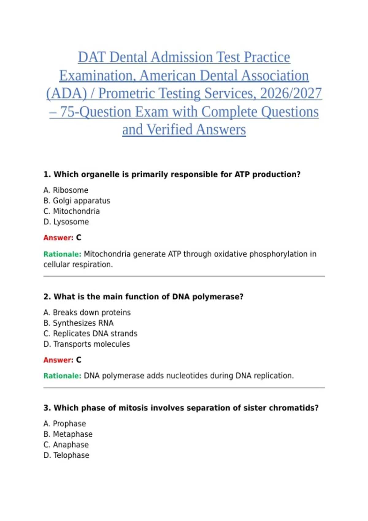 DAT DENTAL ADMISSION TEST PRACTICE EXAMINATION, AMERICAN DENTAL ...