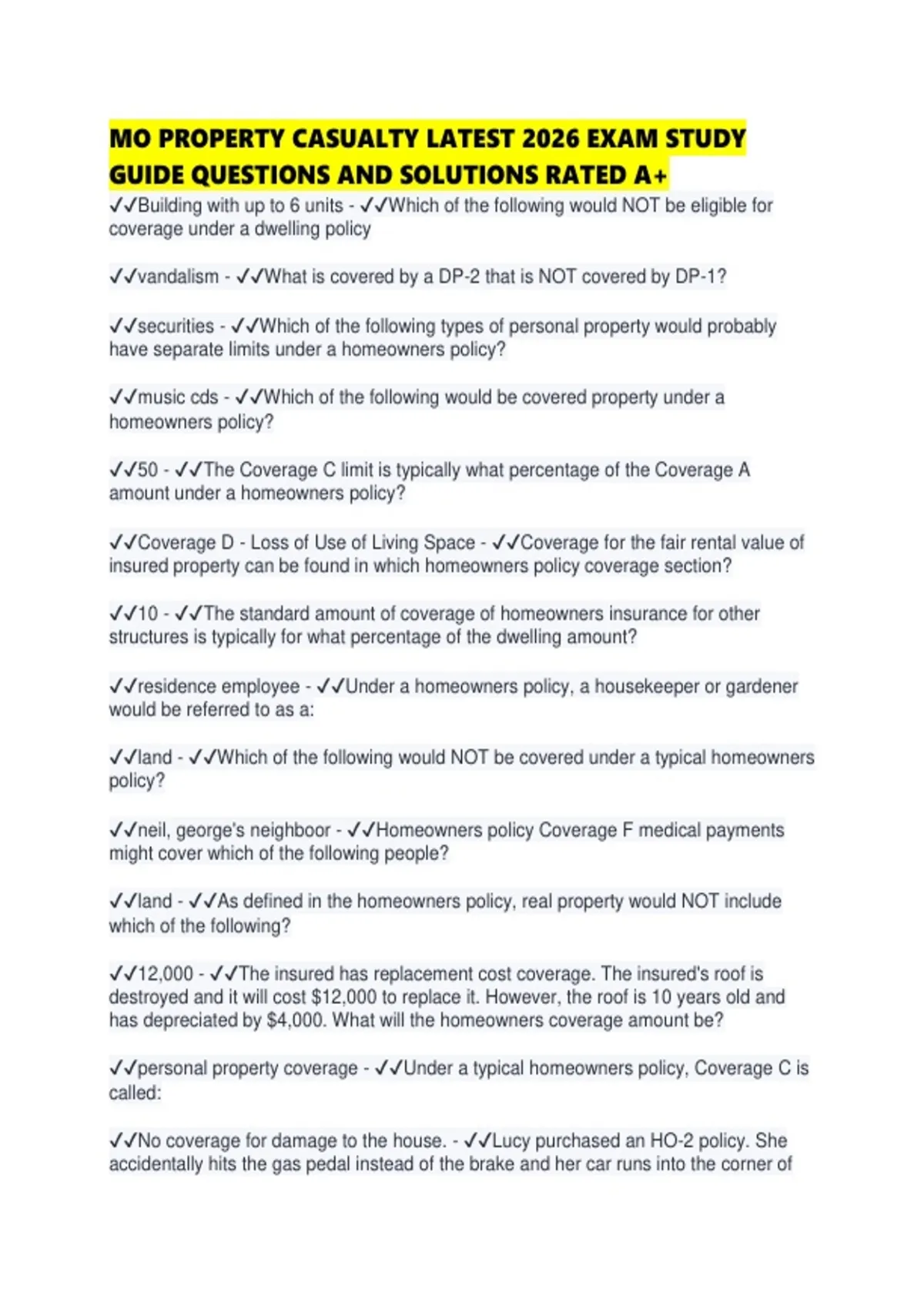 MO PROPERTY CASUALTY LATEST 2026 EXAM STUDY GUIDE QUESTIONS AND SOLUTIONS RATE - Property and ...