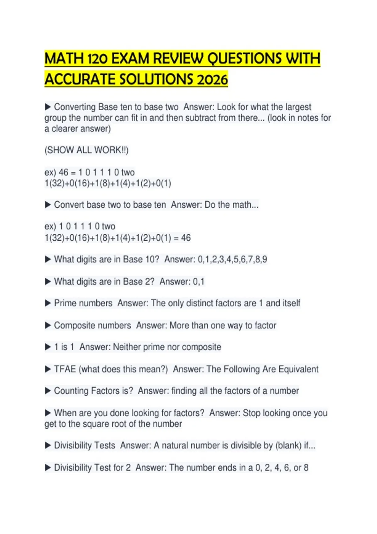 Math 120 Excel MATH 120 EXAM REVIEW QUESTIONS WITH ACCURATE SOLUTIONS 2026.pdf - Math ...