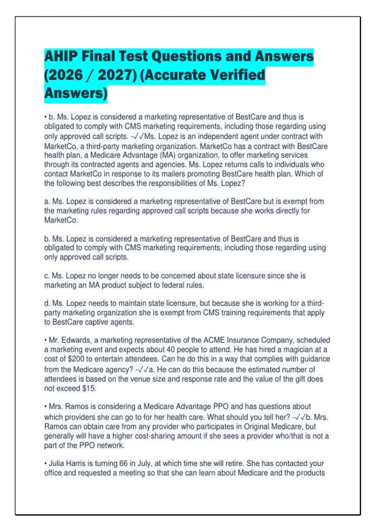 AHIP Final Test Questions and Answers (2026 / 2027) (Accurate Verified ...